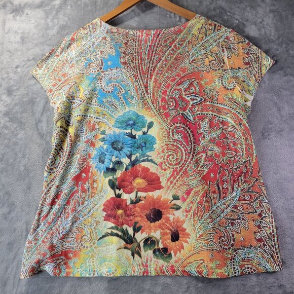 Coldwater Creek Womens Paisley Floral Top XXL Multicolor Short Sleeve Boho Artsy - Picture 6 of 9